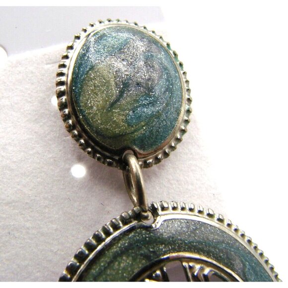 Silver Tone Western Concho Style Earrings Oval Blue Green Enamel Swirl Fashion - Picture 4 of 9